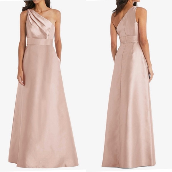 Alfred Sung D815 DRAPED ONE-SHOULDER SATIN MAXI DRESS Toasted Sugar